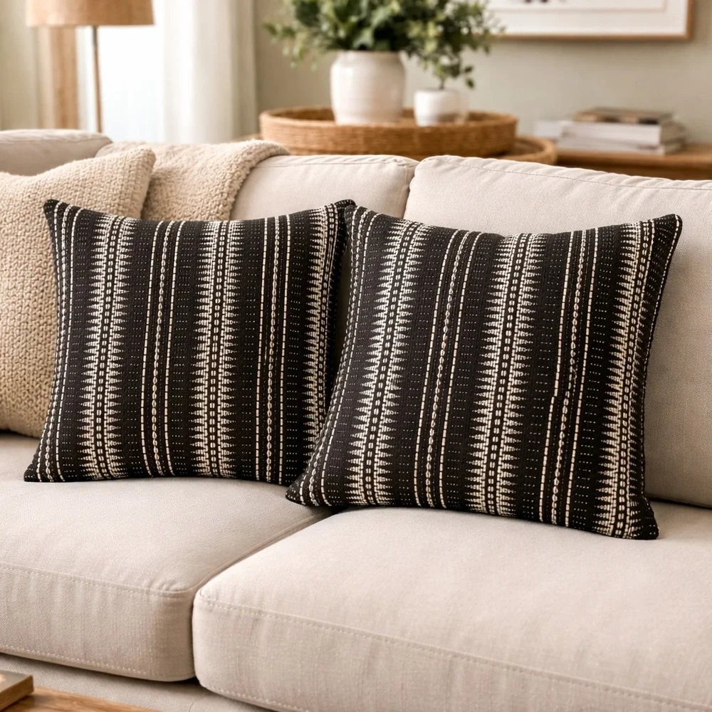 Ethan Allen Textured Silk Pillow Covers Set of 2 Black Ivory 20x20 Matte Woven